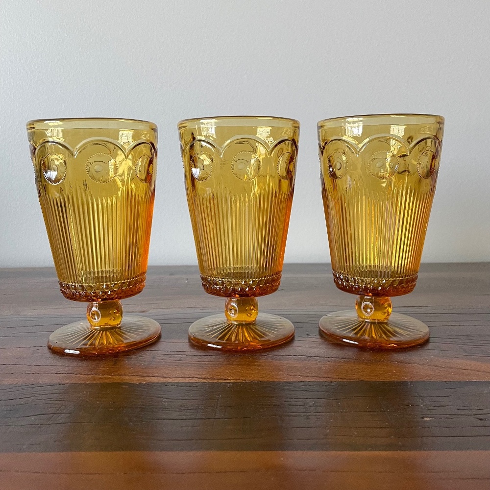 SOLD -3 Vintage Light Amber Imperial Glass Footed Iced Tea Water Glasses Goblets - Picture 1 of 11
